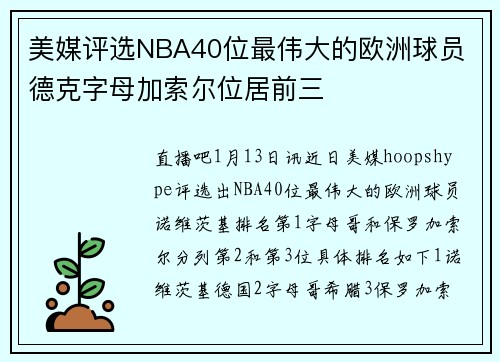 美媒评选NBA40位最伟大的欧洲球员 德克字母加索尔位居前三